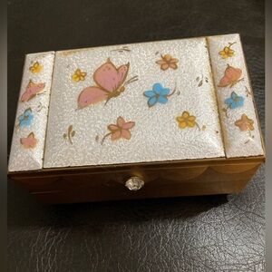 Antique little goldtone multi-level jewelry box with mirror & lined with velvet